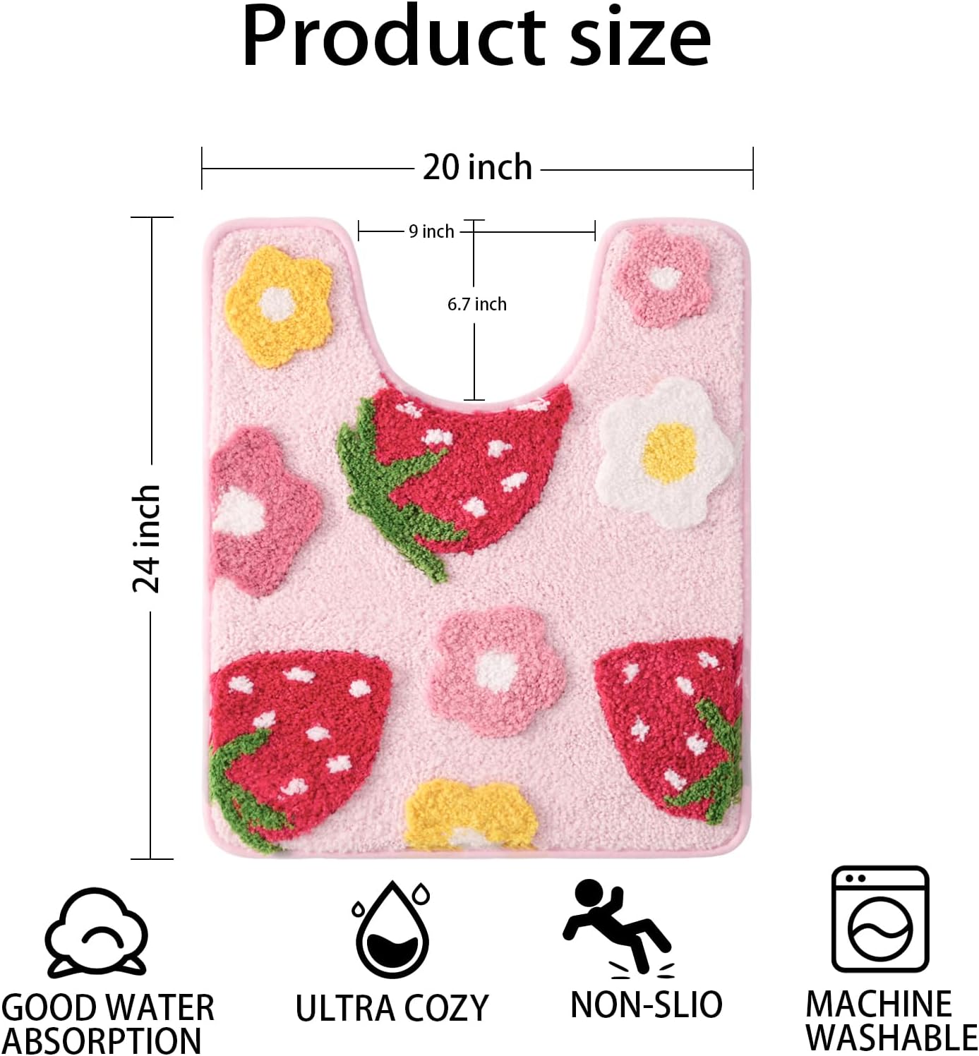 Anybar U-Shaped Toilet Rug 20x24'' - Super Soft Absorbent Bathroom Mat with Cute Strawberry & Flower Design, Non-Slip Quick-Dry Washable Contour Rug for Toilet, Bath Mats for Bathroom Decor（Pink）