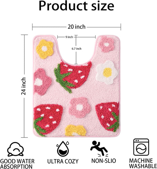 Anybar U-Shaped Toilet Rug 20x24'' - Super Soft Absorbent Bathroom Mat with Cute Strawberry & Flower Design, Non-Slip Quick-Dry Washable Contour Rug for Toilet, Bath Mats for Bathroom Decor（Pink）