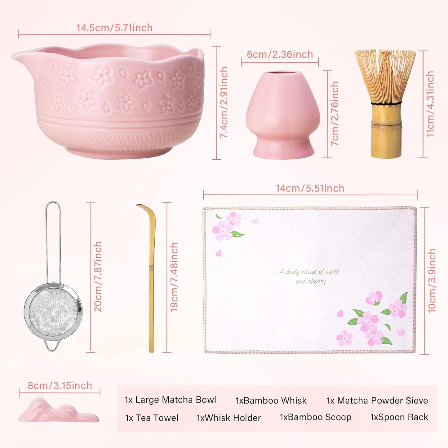ALBISS Matcha Whisk Gift Set - 7Pcs Ceramic Matcha Kit with 18oz Bowl & Cherry Blossom Design, Bamboo Whisk & Holder, Scoop, Rest, Sifter, Towel, Elegant Japanese Tea Set for Women Macha Lovers, Pink