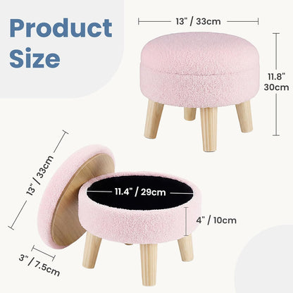DUMOS Round Storage Ottoman Foot Rest, Compact Boucle Upholstered Footstool with Hidden Storage, Padded Seat, Small Coffee Table for Living Room, Bedroom, Pink