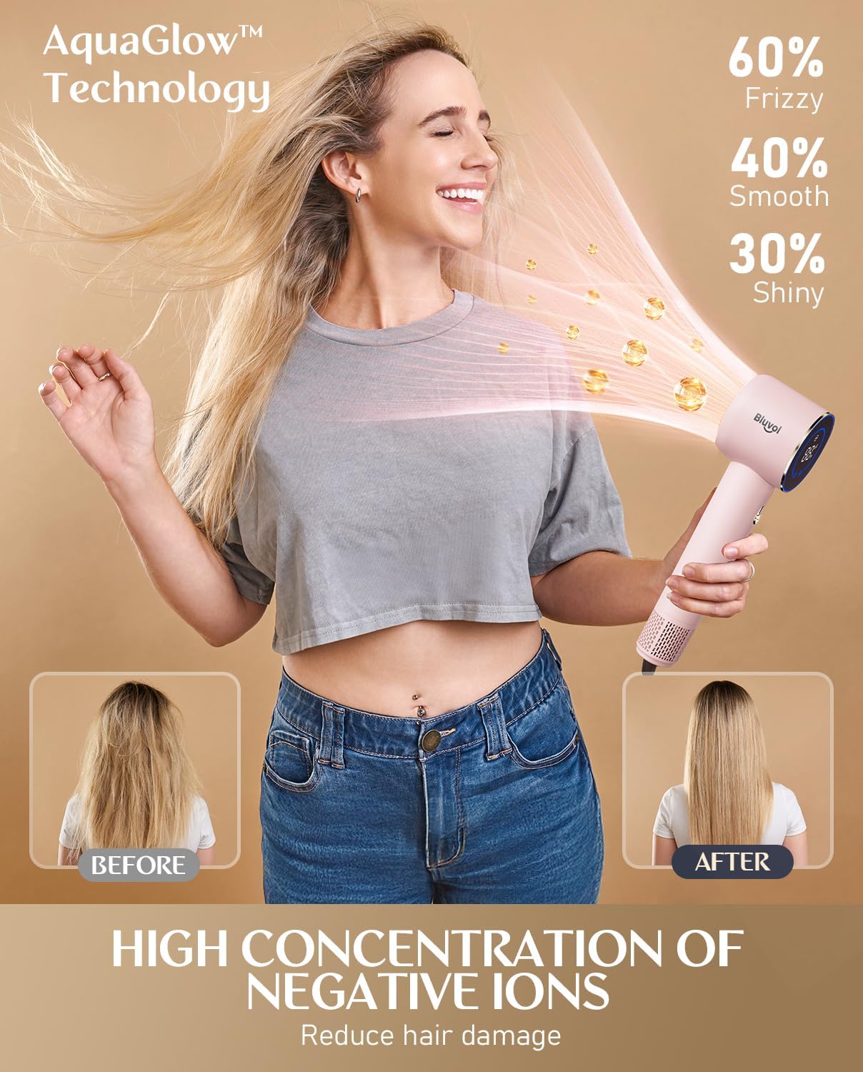 Bluvol SonicDry H10 Apex Travel Hair Dryer, 110,000 RPM Brushless Motor for Fast Drying, Ionic AquaGlow Tech, 0.74lb LightFlow & 56dB Low Noise, Professional for Travel, Home & Salon - Pink