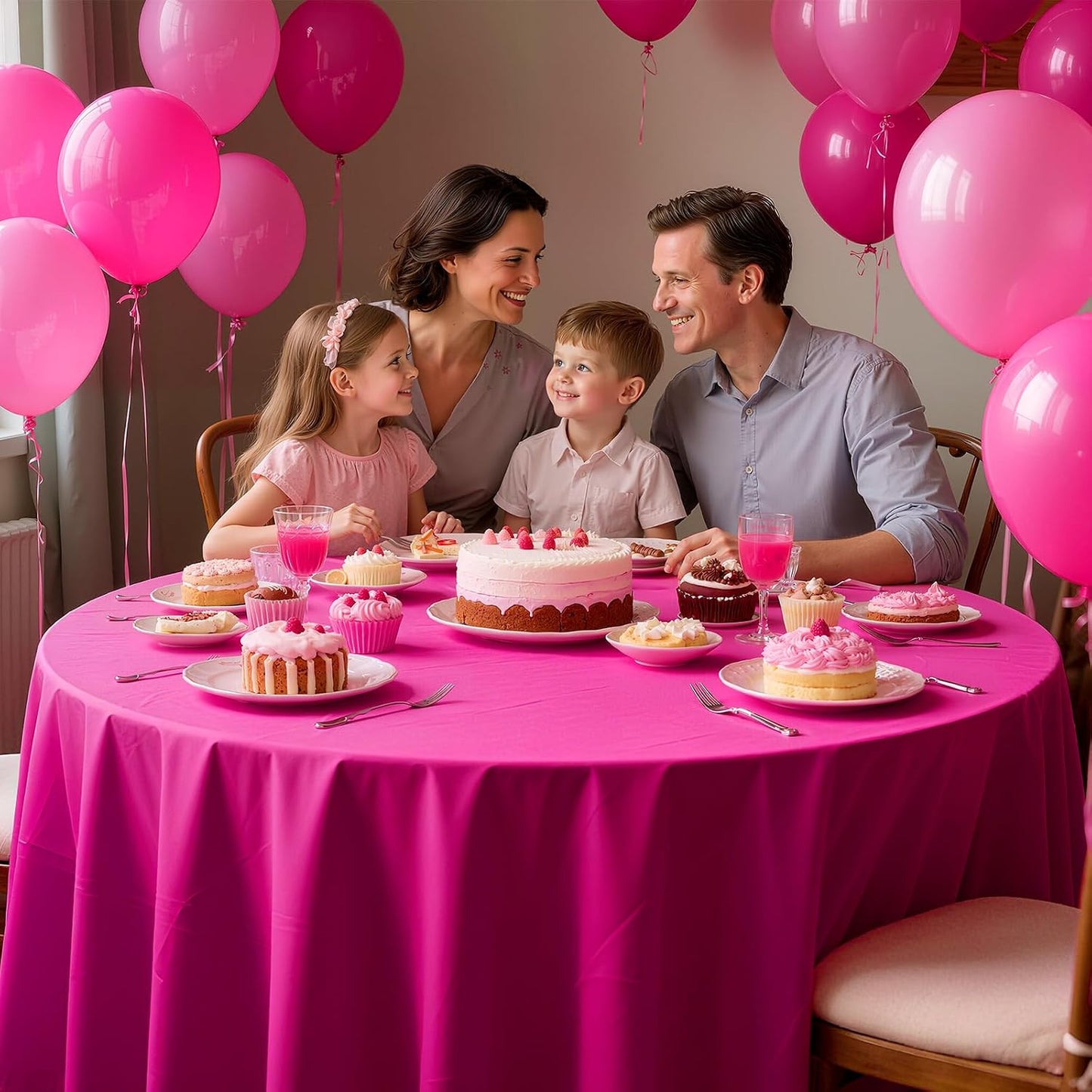 Just Shimmer 4 Pieces Pink Series Round Tablecloth, 84" Solid Color Waterproof & Spillproof Disposable Plastic Table Cover, Durable Party Tablecloth for Dining, Buffet, Picnic, Outdoor Events