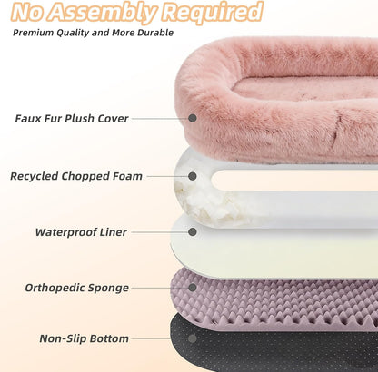 Human Dog Bed with Pillow & Blanket - 71 × 45 × 12 Inch Oversized Pet Bed for Large Dogs, Leak-Resistant Washable Dog Couch Bed for People and Dogs to Share, Soft Long Plush Lounge Pet Sofa Pink.