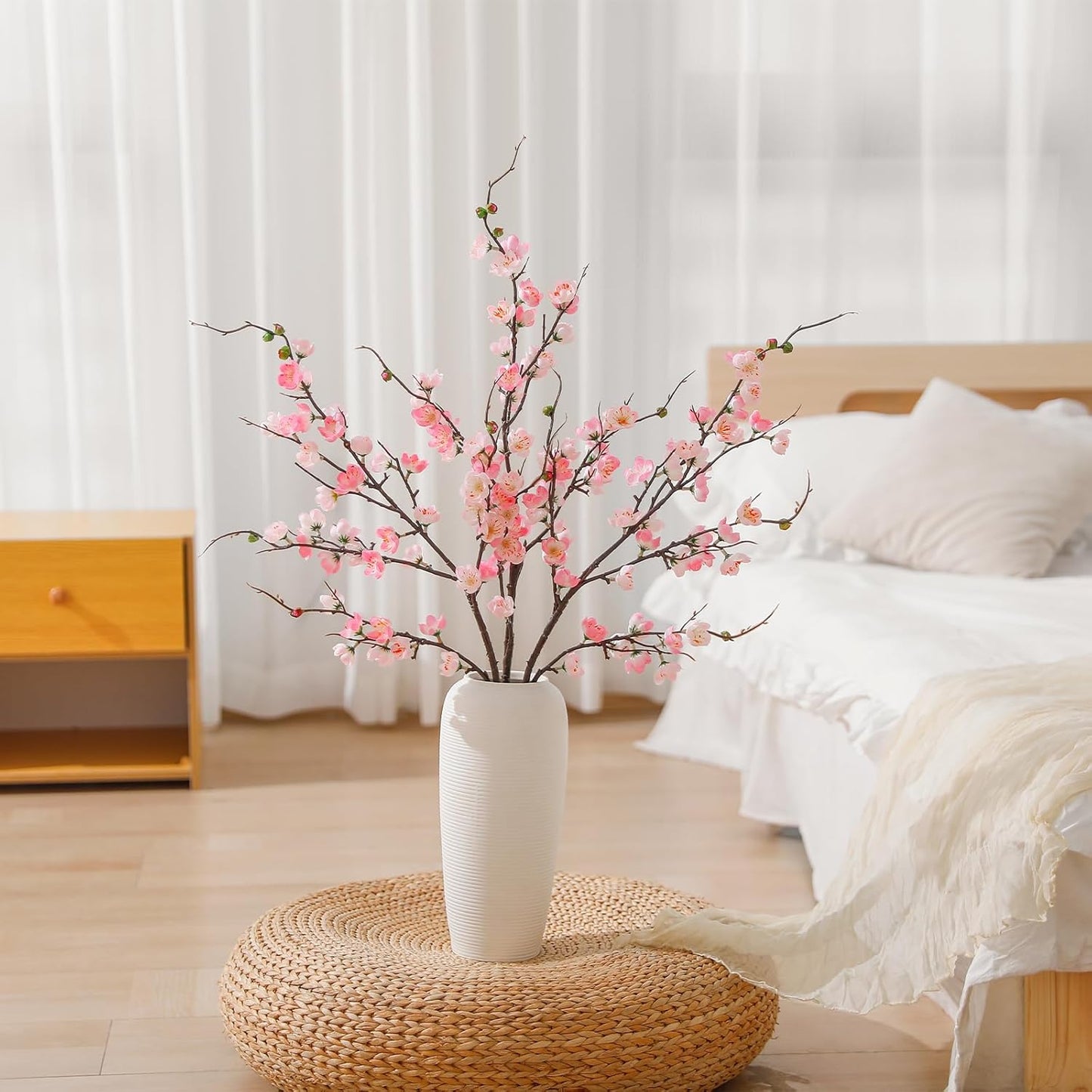 Artificial Pink Cherry Blossom Branches 3Pcs 37.8" Faux Silk Cherry Blossom, Fake Flowers with Leaves Bouquet Decorations for Home Living Room Bedroom Table Centerpiece Vase Wedding Decor