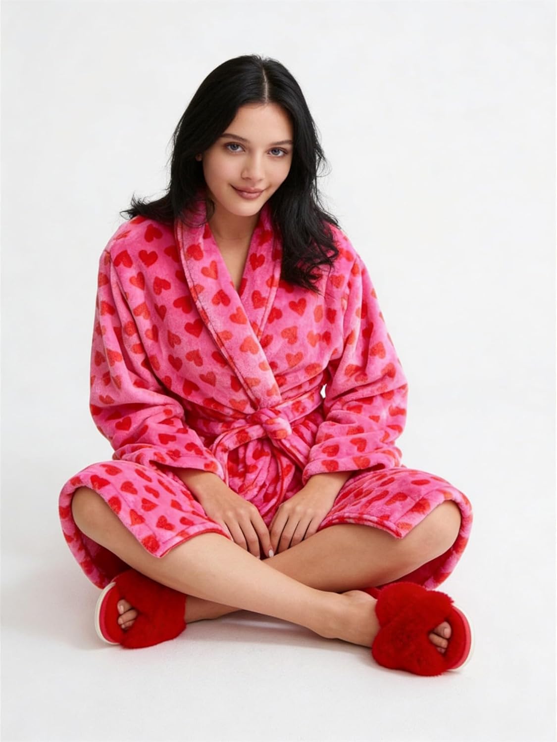 Christmas Fuzzy Fleece Robes for Women Cozy Plush Bathrobe Shawl Collar Warm Winter Short Robes with Belt Pockets