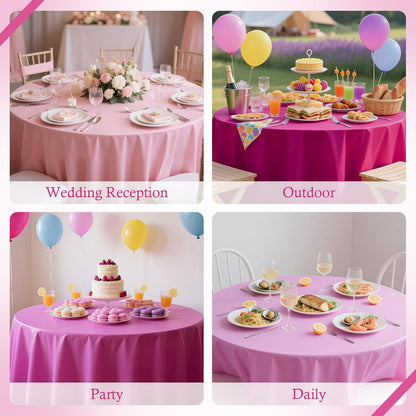 Just Shimmer 4 Pieces Pink Series Round Tablecloth, 84" Solid Color Waterproof & Spillproof Disposable Plastic Table Cover, Durable Party Tablecloth for Dining, Buffet, Picnic, Outdoor Events