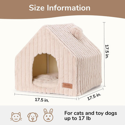 FUKUMARU Cat Houses for Indoor Cats, Washable Cute Cat Bed Cave with Removable Pillow, Large Semi-Enclosed Cozy Dog House Indoor, Soft Faux Rabbit Fur Kitten Bed, 17.5-Inch Cat Hideaway, Pink Grey