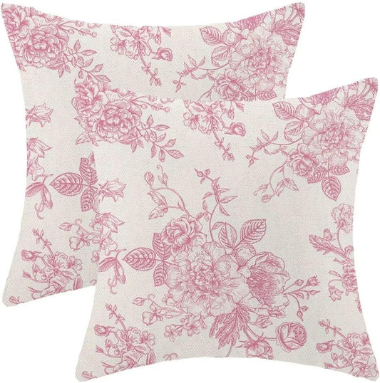 AEIOAE Chinoiserie Floral Pillow Covers 18 x 18 Inch Set of 2, Vintage Pink Flower Decorative Throw Pillow Covers Outdoor Linen Farmhouse Decor Pillowcase for Home Sofa