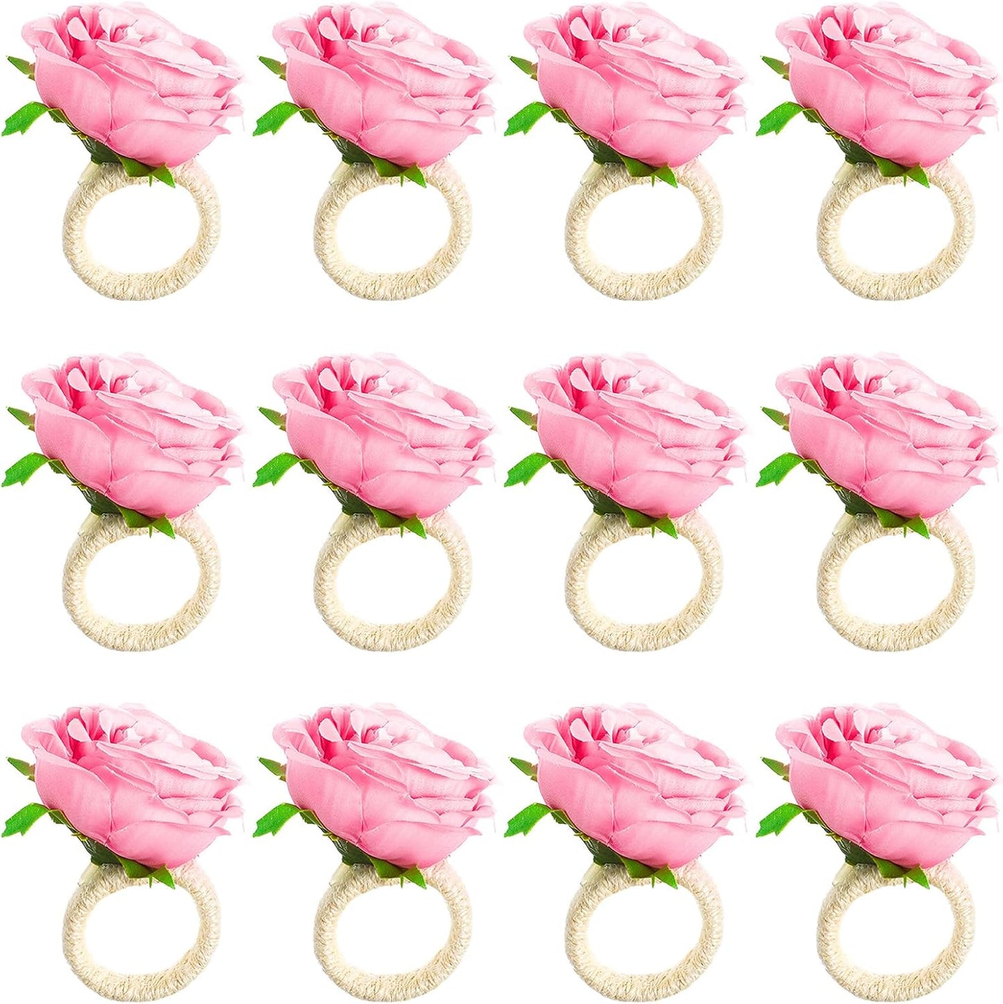 12 Pcs Flower Napkin Rings,Pink Peony Flower Handmade Napkin Holder Rings Table Decorations for Wedding,Fall,Daily Party,Picnics,Banquet,Luncheons,Birthday,Christmas,Valentine's,Thanksgiving