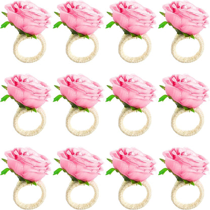 12 Pcs Flower Napkin Rings,Pink Peony Flower Handmade Napkin Holder Rings Table Decorations for Wedding,Fall,Daily Party,Picnics,Banquet,Luncheons,Birthday,Christmas,Valentine's,Thanksgiving