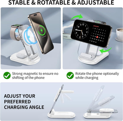 RYND 2026 Travel Wireless Fast Charging Station,Magnetic 3 in 1 Charger with Light for iPhone16 15 14 13 12 Pro Max Plus,Apple Watch Series & Air pods 4 3 2 Pro-Gifts for Wife & Husband(Pink)