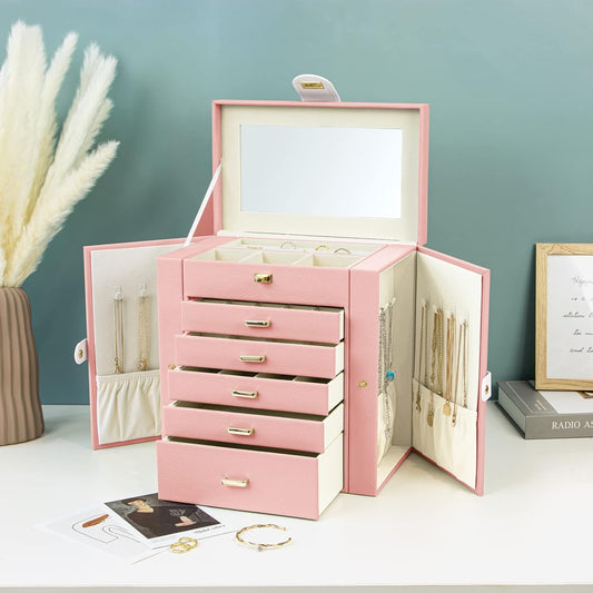 KAMIER Jewelry Box for Women, 6-Layer Large Jewelry Organizer Box with Mirror & 5 Drawers for Rings, Earrings, Necklaces, Bracelets,Pink