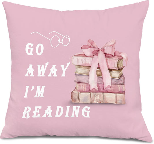 Coquette Pink Bow Book Throw Pillow Covers 18x18, Reading Nook Room Decor, Book Lover Reader Gifts Decorative Pillow Covers for Reading Corner Library Home Bedroom