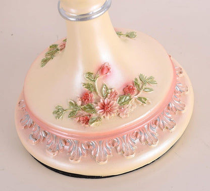 Victorian Style Table Lamp Pink Handmade Princess Lamp Lace Fabric Lampshade, Traditional Resin Flower Carved Base Side Lamp for Living Room Family Bedroom, 13" W, 21.6" H.