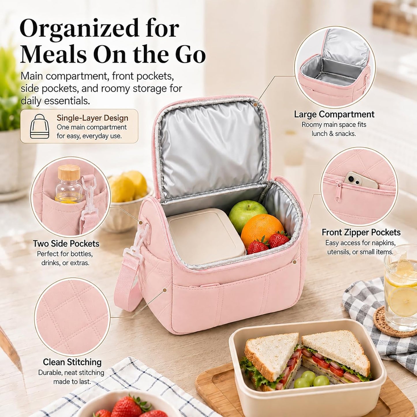 Pink Lunch Bag for Women, Insulated Cute Quilted Lunch Box, Lightweight Puffy Padded Leakproof Lunch Cooler Tote, Reusable Large Thermal Lunch Bag for Work Picnic Travel (Pink-M)