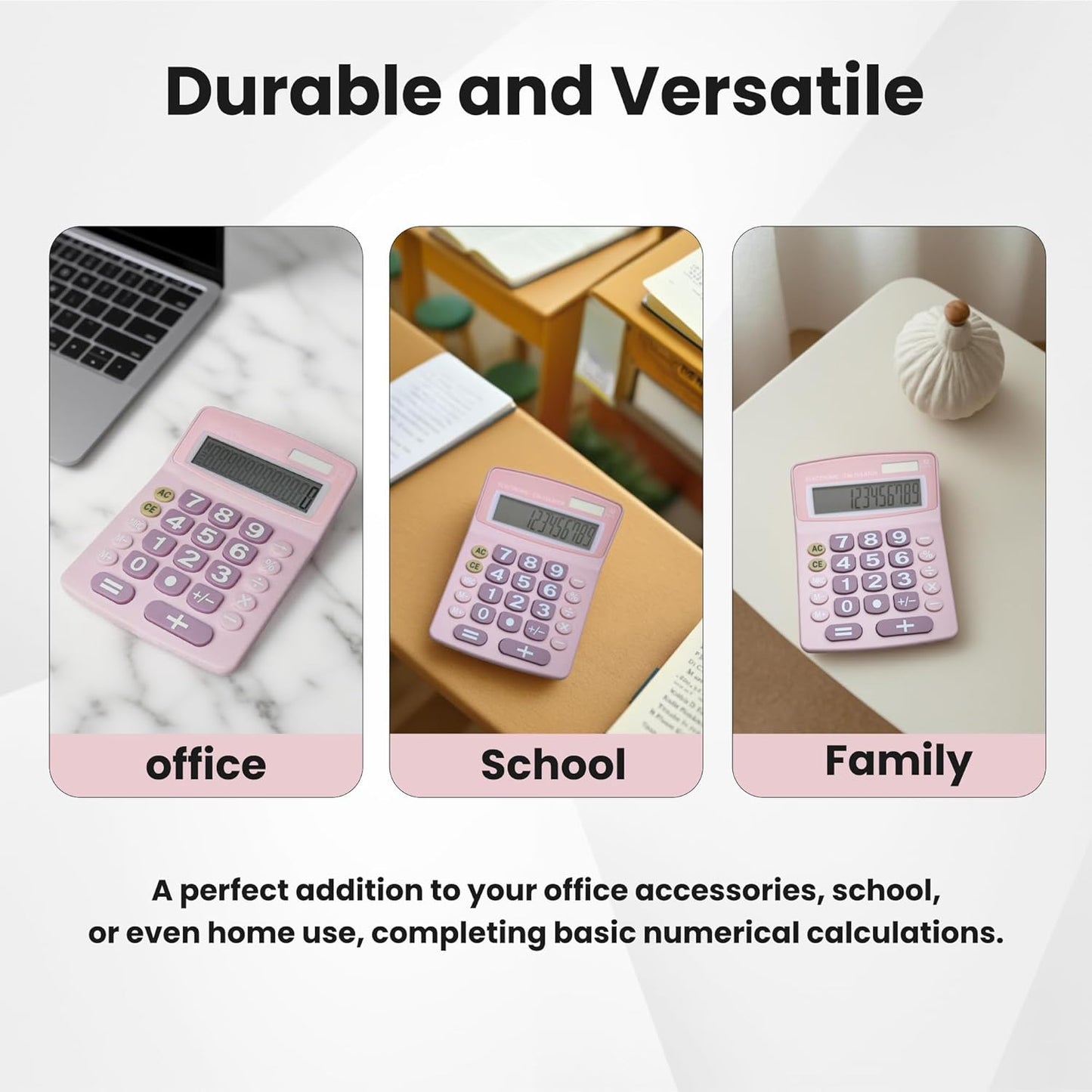 Lily' Home Jumbo 12 Digit with Solar Power, Large LCD Display - Desktop Calculator, Dual Power, Large Button Design, Battery Operation, Easy-to-Read Tilted, for Home, Office, School & Business - Pink