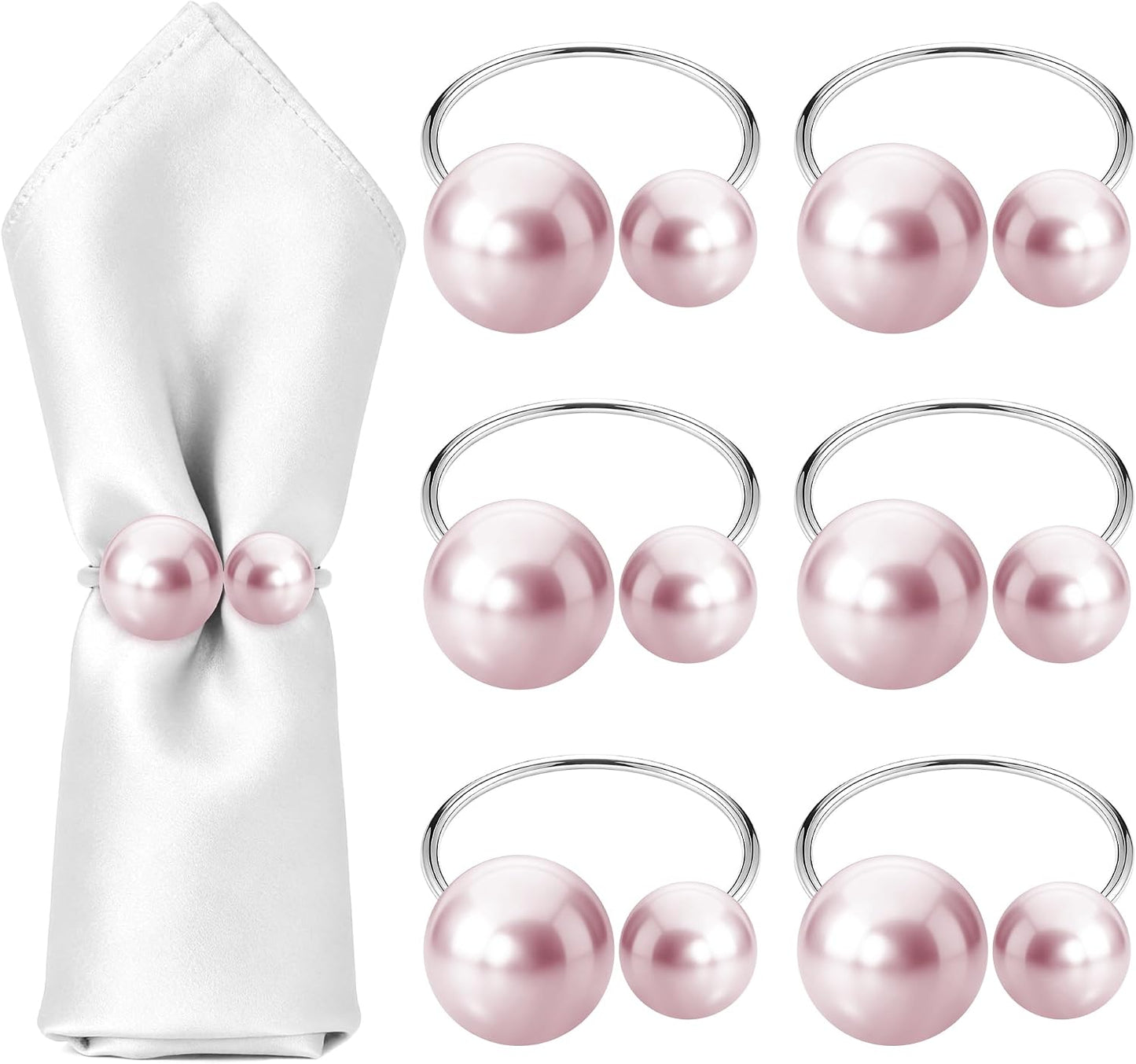 6Pcs Pearl Napkin Rings - Metallic Wedding Serviette Holders for Table Decor, Birthday & Bridal Party Dining Accessories (Pink)
