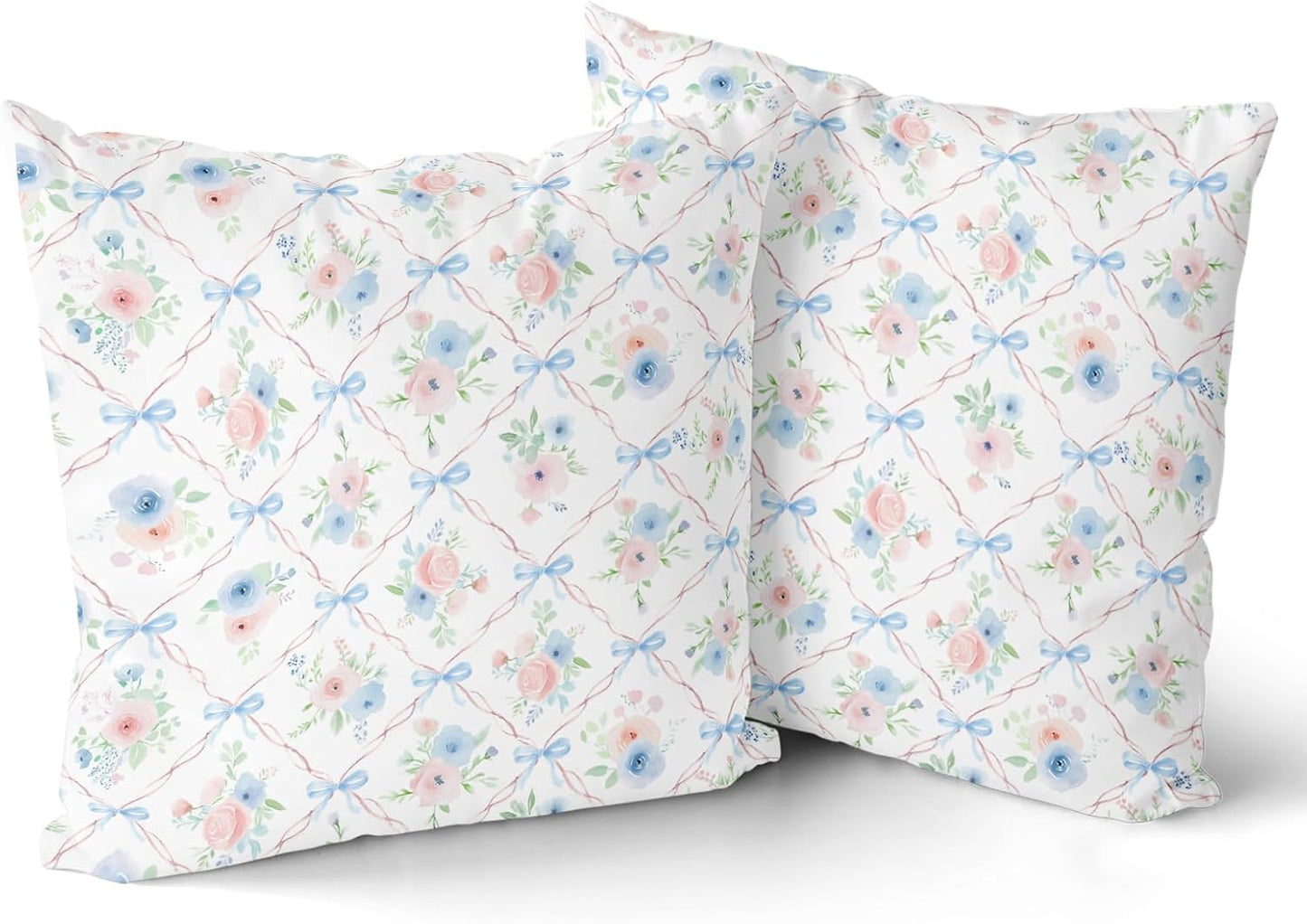 Giwawa Pink and Blue Floral Throw Pillow Covers 18x18 Inch Set of 2 Coquette Bow Pillow Case, Preppy Room Girly Bedroom Bow Room Decor