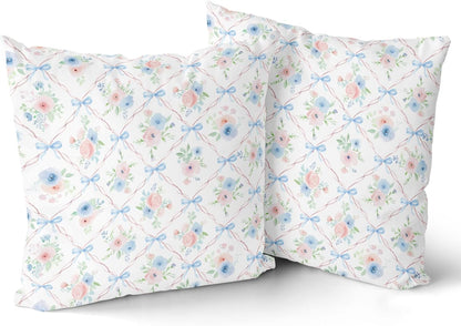 Giwawa Pink and Blue Floral Throw Pillow Covers 18x18 Inch Set of 2 Coquette Bow Pillow Case, Preppy Room Girly Bedroom Bow Room Decor
