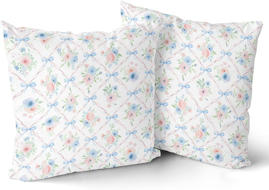 Giwawa Pink and Blue Floral Throw Pillow Covers 18x18 Inch Set of 2 Coquette Bow Pillow Case, Preppy Room Girly Bedroom Bow Room Decor