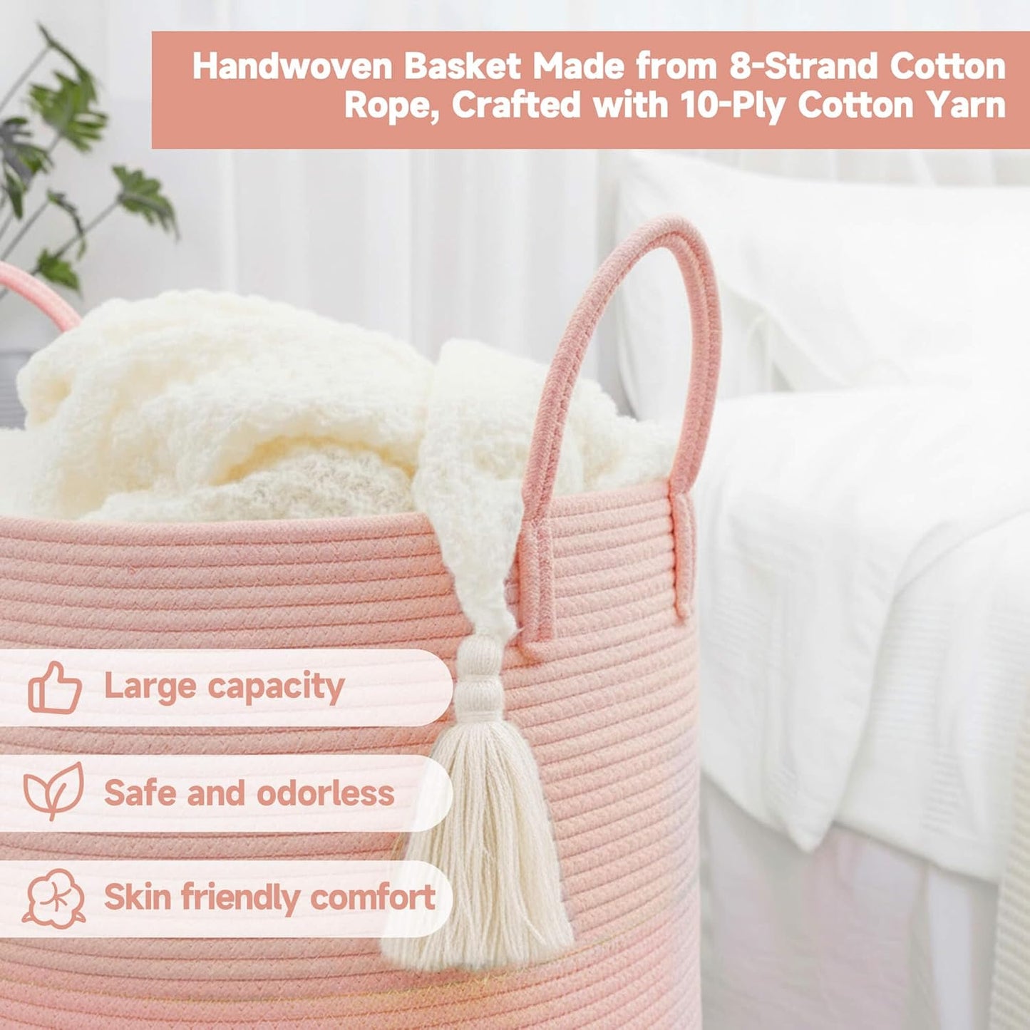 CLHMILY&Z Laundry Hamper Round Storage Rope Basket in Living Room, Bedroom, Laundry Room for Toy, Clothes, Blanket, Pillow (Pink, 60L)