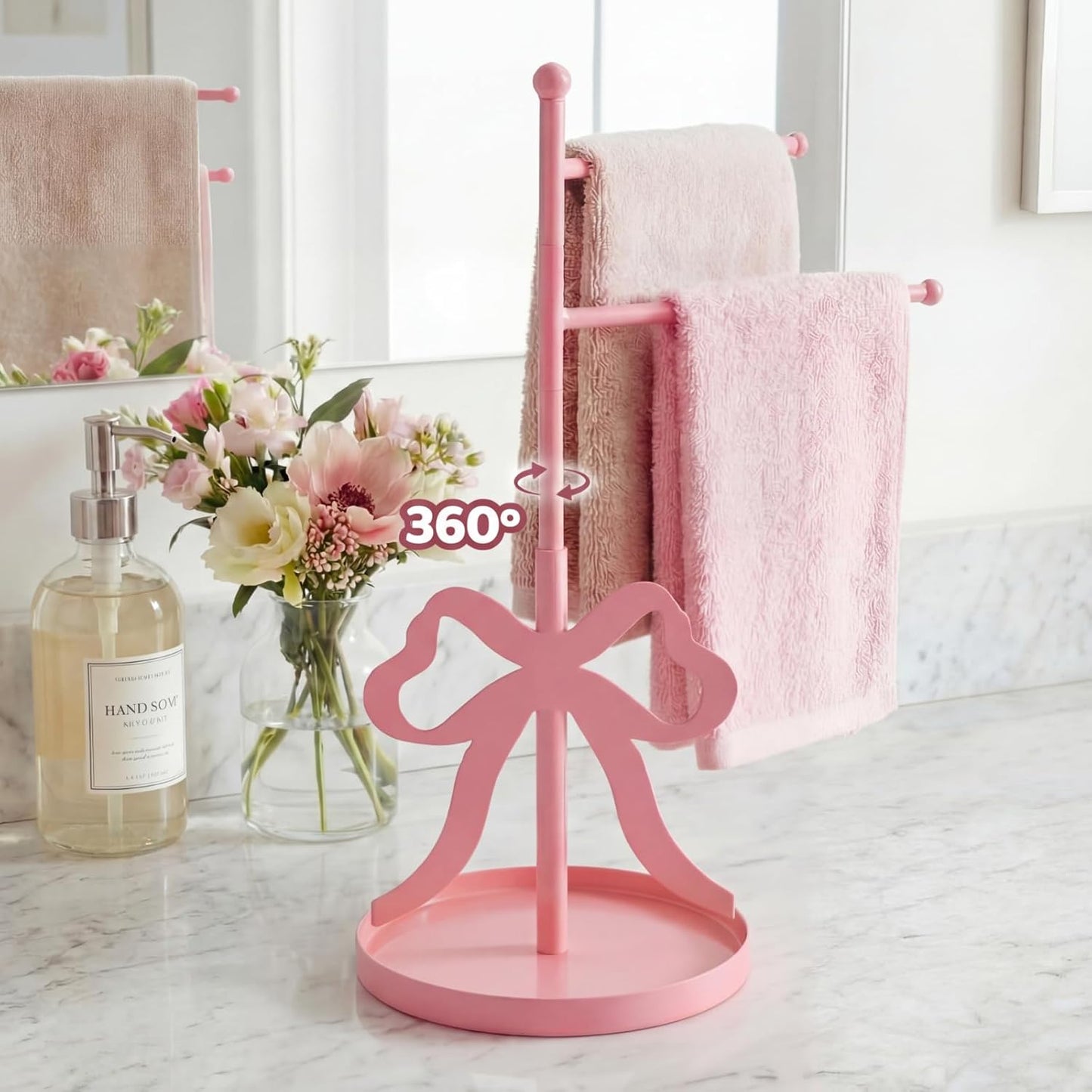 Chumia Pink Bow Towel Holder for Bathroom, F-Shape Cute Pink Hand Towel Stand with 2 Swivel Arm and Base, Coquette Jewelry Storage Standing Towels Bar for Women Girls Bathroom Kitchen Countertop