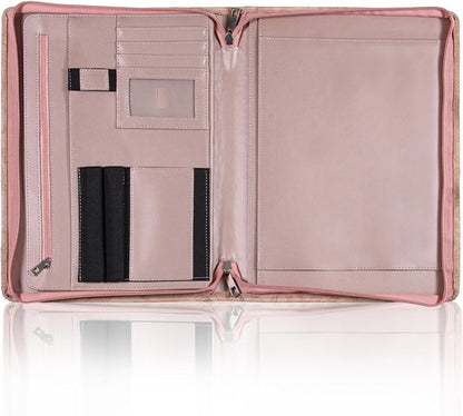 Generic Zippered Leather Padfolio Portfolio with Hidden Handle and Clipboard, Business Conference Organizer Notepad Folder, Portfolio Bag, Padfolio for Women/Men (Pink)