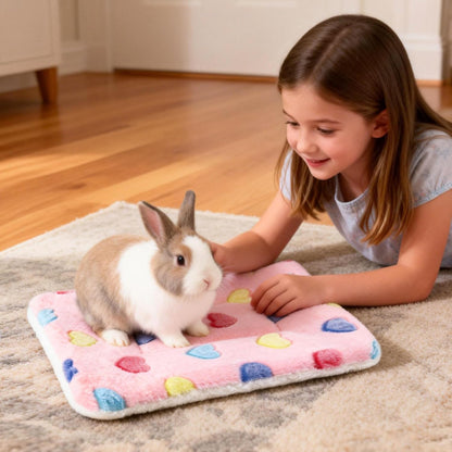 2 Pcs Bunny Bed, Washable Rabbit Bed, Double-Sided Fleece Sleeping Pad for Guinea Pig, Dwarf Rabbit, Chinchilla, Ferret, Hamster, Warm Small Animal Cage Mat, 13x10in, Pink Heart