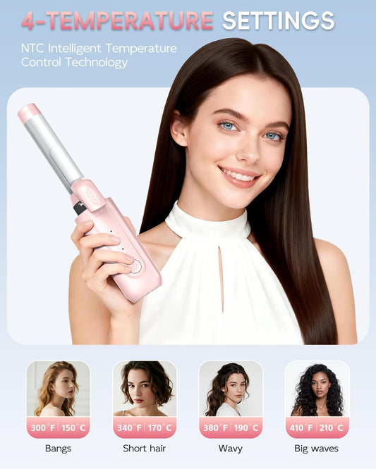 Cordless Curling Iron Brush,MCH Ceramic Hot,8000mAh,4 Temp Setting,1/1.5 inch Portable Mini Travel Comb,Rechargeable Hair Curler Cordless with 200 Million Negative Ions,Dual Voltage (Pink)