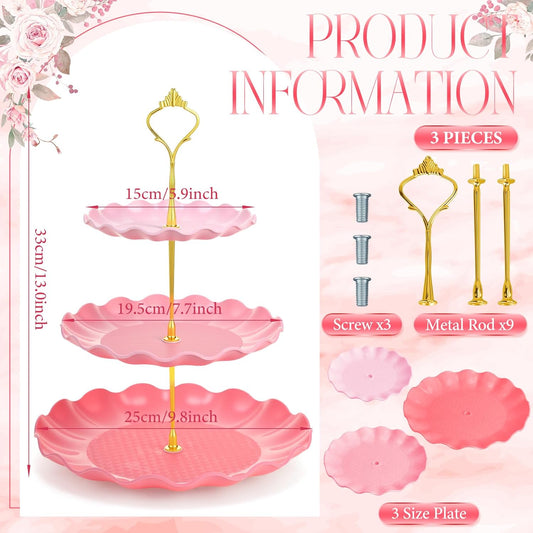 Novabright 3 Pack Pink Cupcake Stands, Round 3-Tier Gradient Serving Tray, Plastic Dessert Table Display Tower for Wedding Bridal Baby Shower Birthday Tea Party