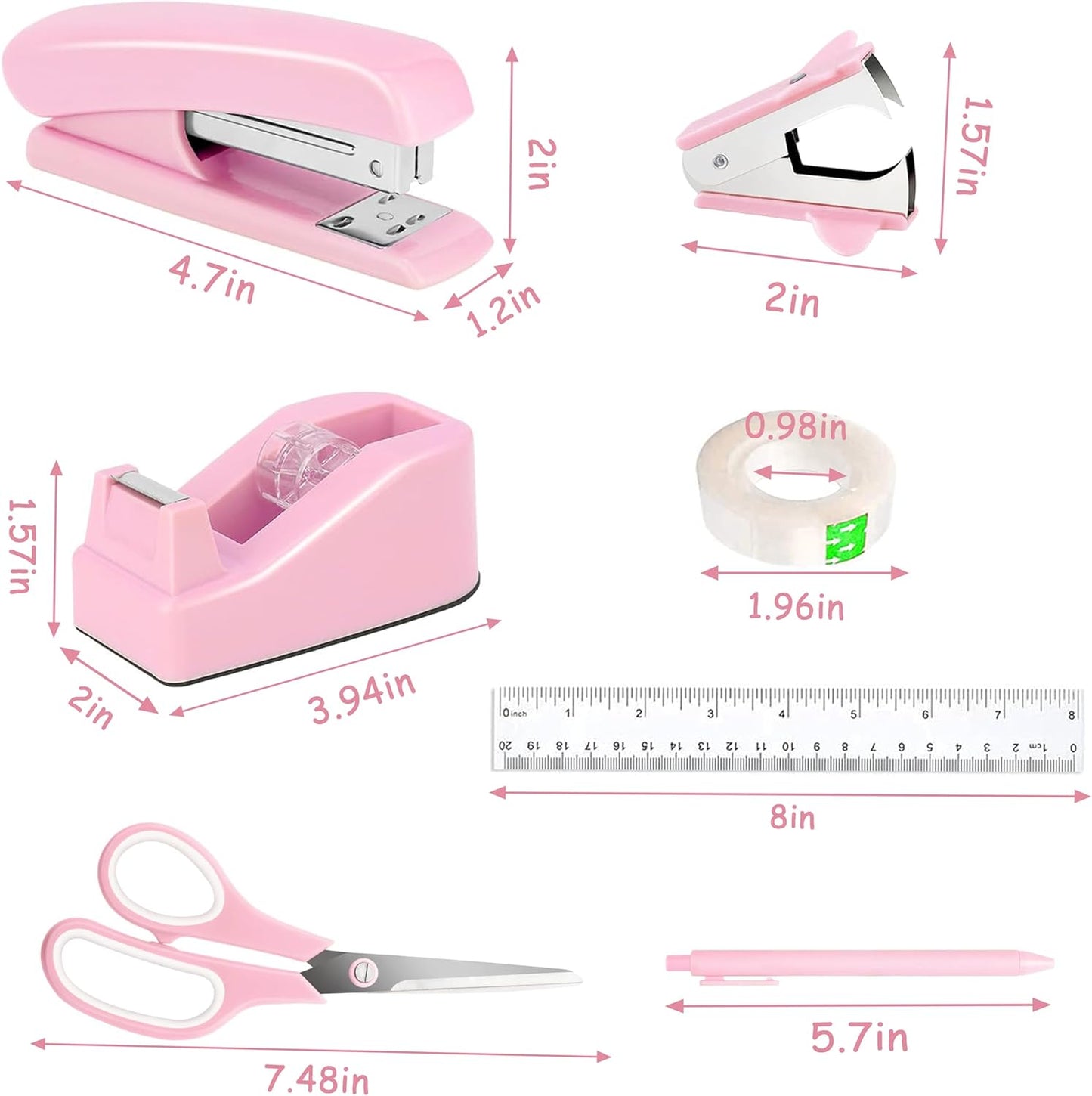 Pink Desk Accessories, Pink Office Supplies Accessories with Tape Dispenser, Stapler, Staple Remover, 1000 Staples, Tape, Clips Set, Ruler, Scissor, Pen