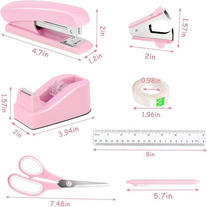 Pink Desk Accessories, Pink Office Supplies Accessories with Tape Dispenser, Stapler, Staple Remover, 1000 Staples, Tape, Clips Set, Ruler, Scissor, Pen