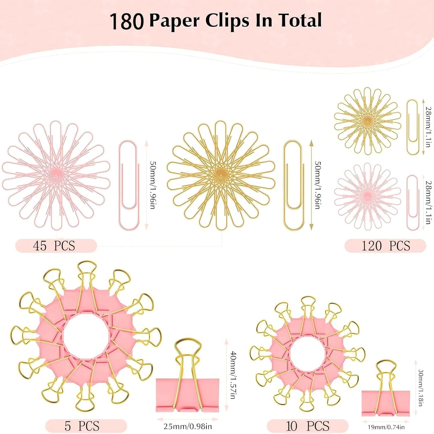 180 Pcs Pastel Pink & Gold Paper Clips and Binder Clips Set Assorted Size Office Desk Supplies for Paper Organization, School Planners, Home Document Fasteners (Metal Clips Kit)