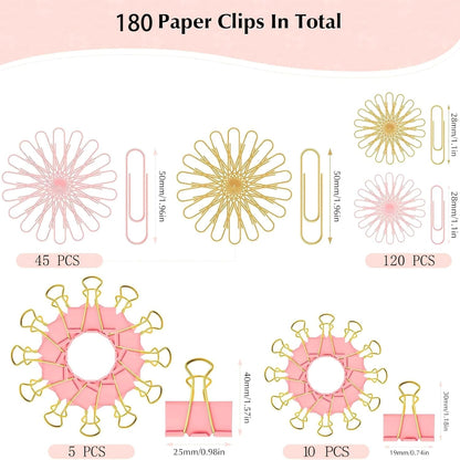 180 Pcs Pastel Pink & Gold Paper Clips and Binder Clips Set Assorted Size Office Desk Supplies for Paper Organization, School Planners, Home Document Fasteners (Metal Clips Kit)