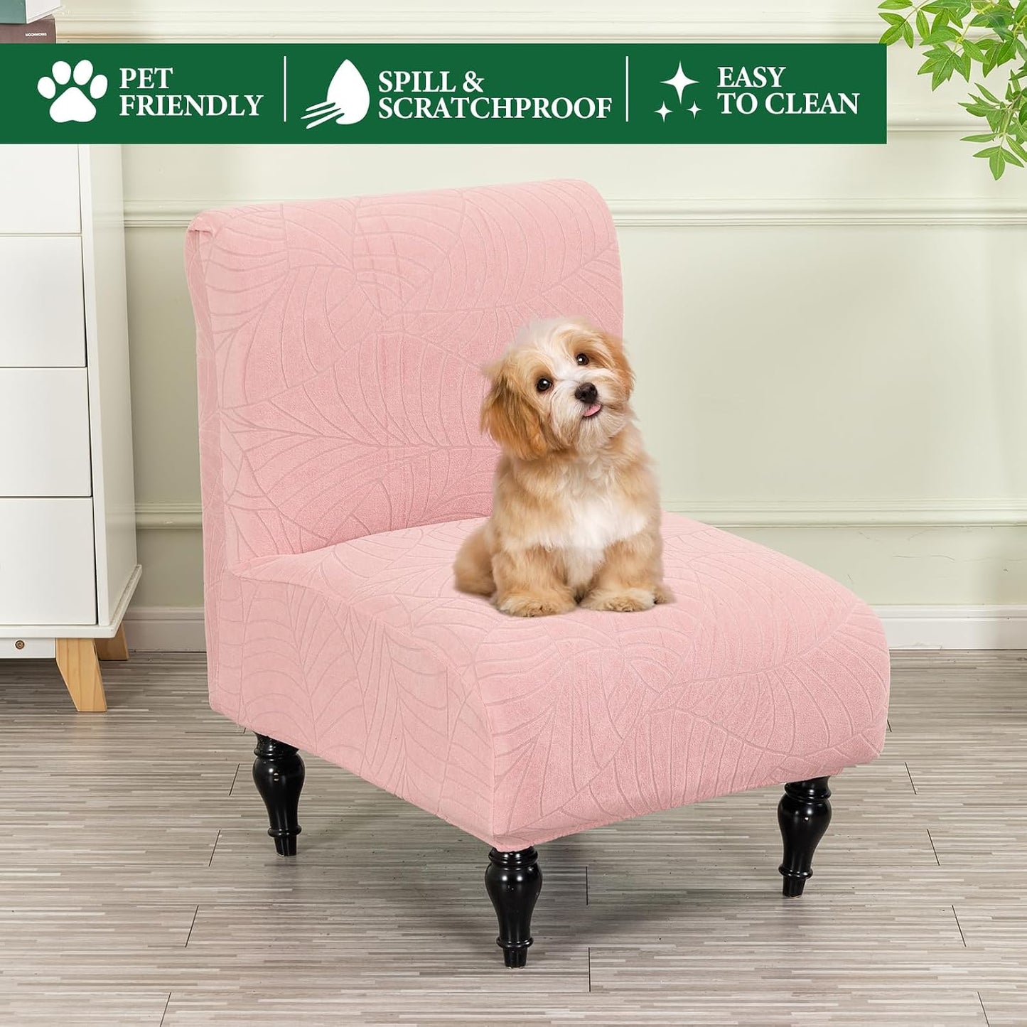 Armless Accent Chair Cover Stretch Leaf Jacquard Chair Covers for Living Room Armless Slipper Chair Slipcover Chair Furniture Protector Covers (Pink, 2PCS)
