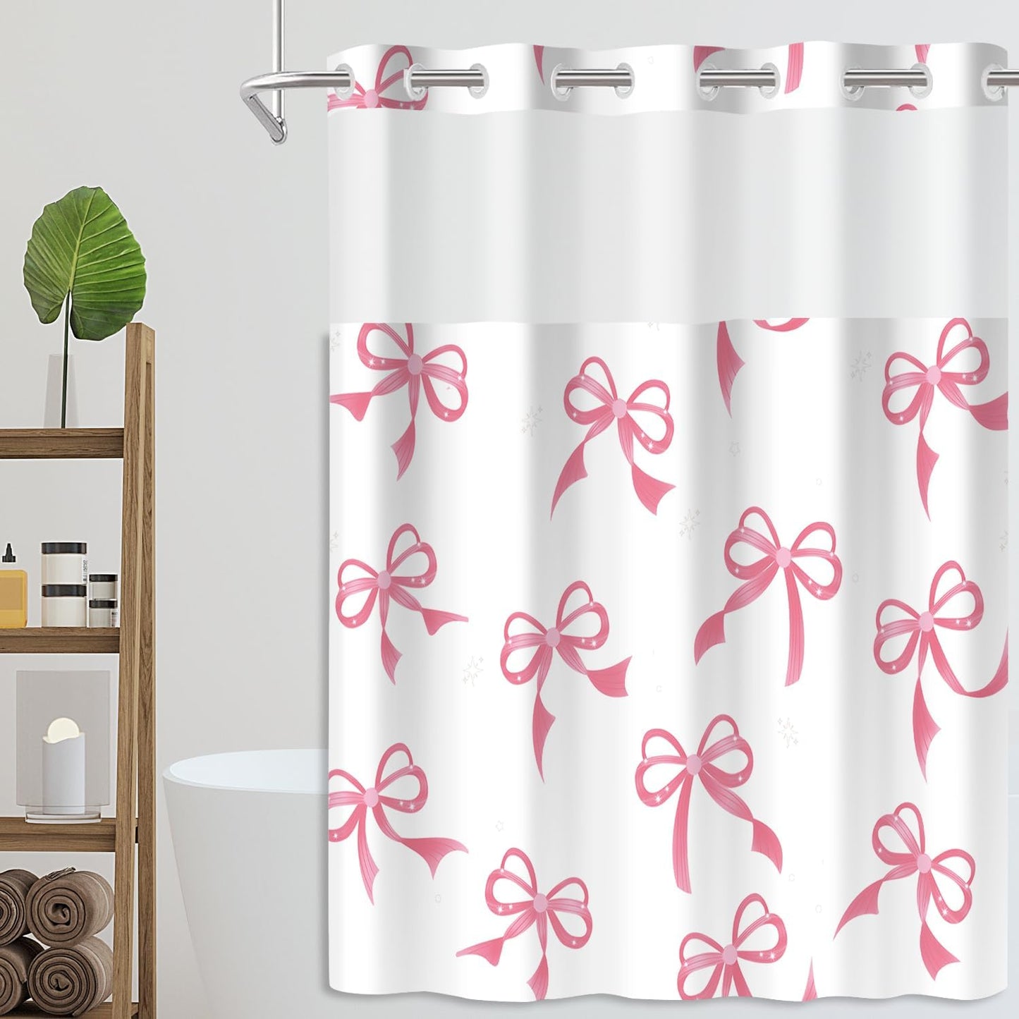 Cute Pink Bow No Hook Shower Curtain Set with Snap in Fabric Liner for Bathroom,with See Through Top Window,Double Shower Curtain with Detachable Liner Replacement,Machine Washable,71"x 74"