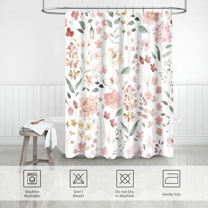 MAYZUS Coral Pink Floral Shower Curtain, Peach Pink Flower Fabric Shower Curtain for Bathroom, Blush Pink Cute Wildflower Butterfly Cloth Shower Curtain Set with Hooks, 72x72