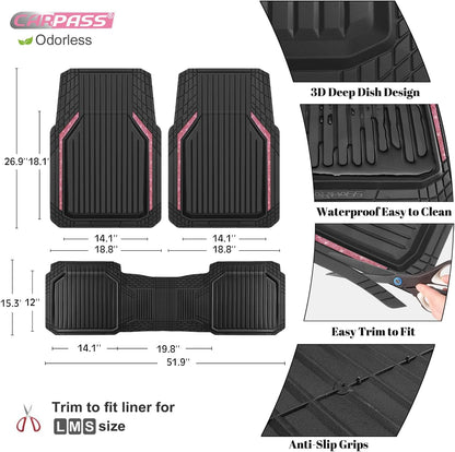 CAR PASS Pink Heavy Duty Rubber Floor Mats for Car, Waterproof Liner Deep Dish Bling Car Mats Full Sets, Universal Trim to Fit for SUV Truck Sedans Vans, All Weather Floor Mats, Pink Sparkly