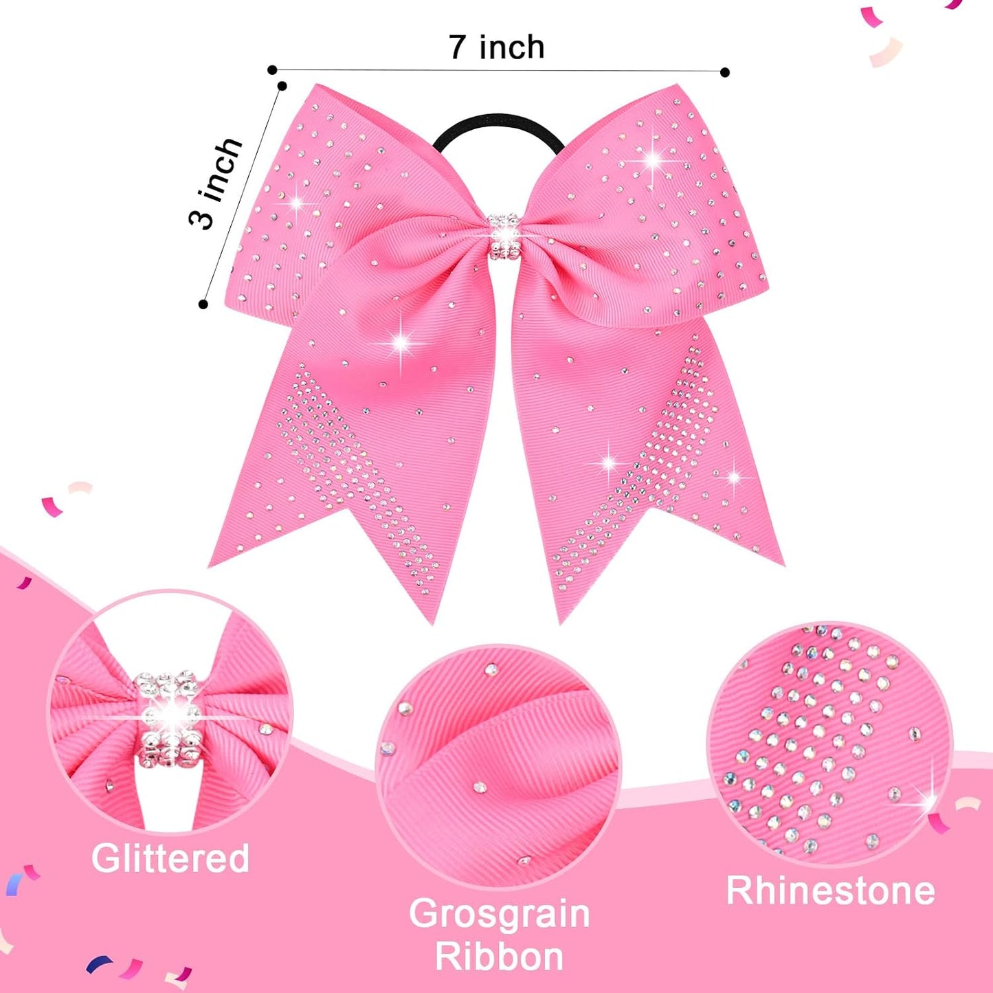 2PCS Glitter Cheer Bow Large Pink Cheer Bows Rhinestones Hair Bows Girls 7"Cheerleading Bows Bulk Elastic Band Ponytail Holder for Teen Girls College Sports Competition