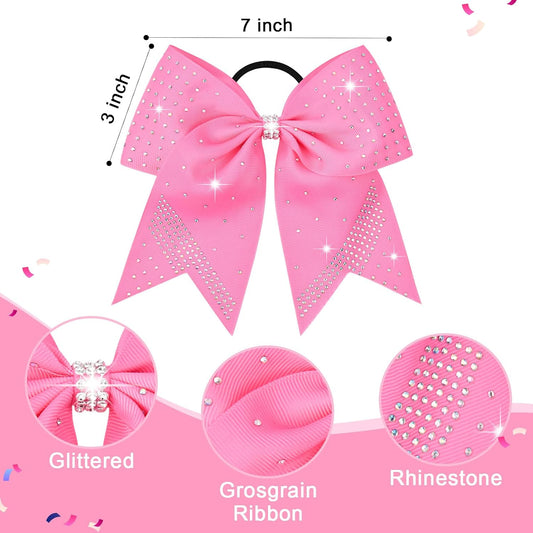 2PCS Glitter Cheer Bow Large Pink Cheer Bows Rhinestones Hair Bows Girls 7"Cheerleading Bows Bulk Elastic Band Ponytail Holder for Teen Girls College Sports Competition