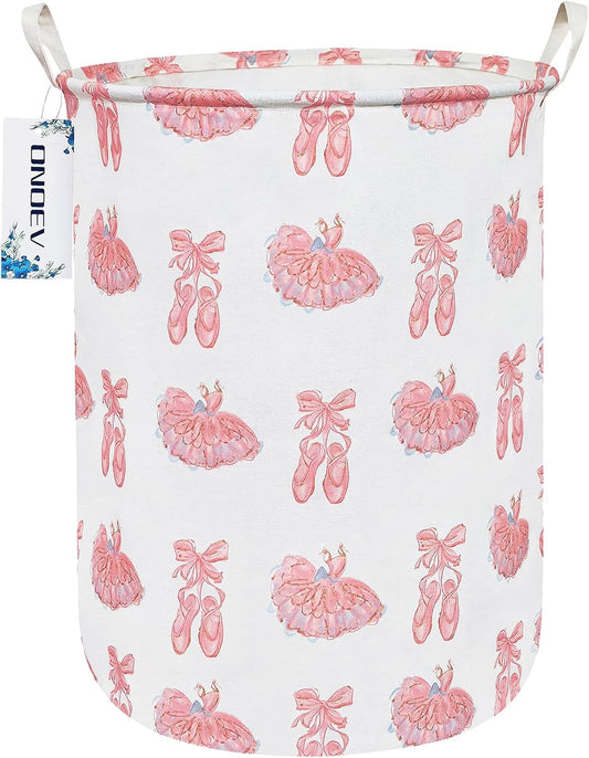 Collapsible Laundry Hamper,Waterproof Cotton Canvas Storage Basket with Reinforced Handles for Bedroom, Bathroom, Dorm & Home Organization (Pink lace dance shoes)