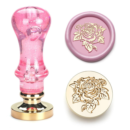 Wax Seal Stamp, Wax Seal Kit with Solid Brass Rose Pattern Seal Stamp Head 0.98 Inch Round & Pink Bubble Handle, Sealing Wax Stamp for Wedding Invitations Envelopes Gift Wrapping DIY Crafts