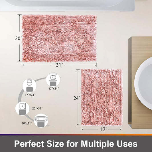 Civkor Bathroom Rugs Mats Set 2 Piece Pink Butter Chenille, Cute Bath Mat Rug Shiny Noodle with Non Slip Backing, Super Water Absorbent Machine Washable 31x20 and 24x16 Inch