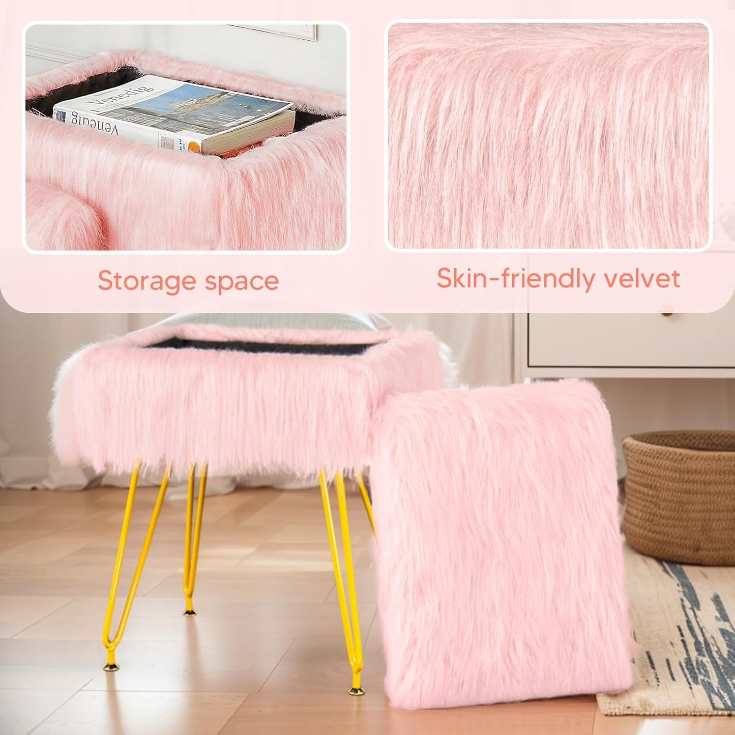 Vanity Stool Chair with Storage, Soft Ottoman Seat Vanity Chair with Anti-Slip Feet, Fluffy Padded Seat Multifunctional Footrest Side Table with 4 Metal Legs for Makeup, Bedroom, Dorm, Pink