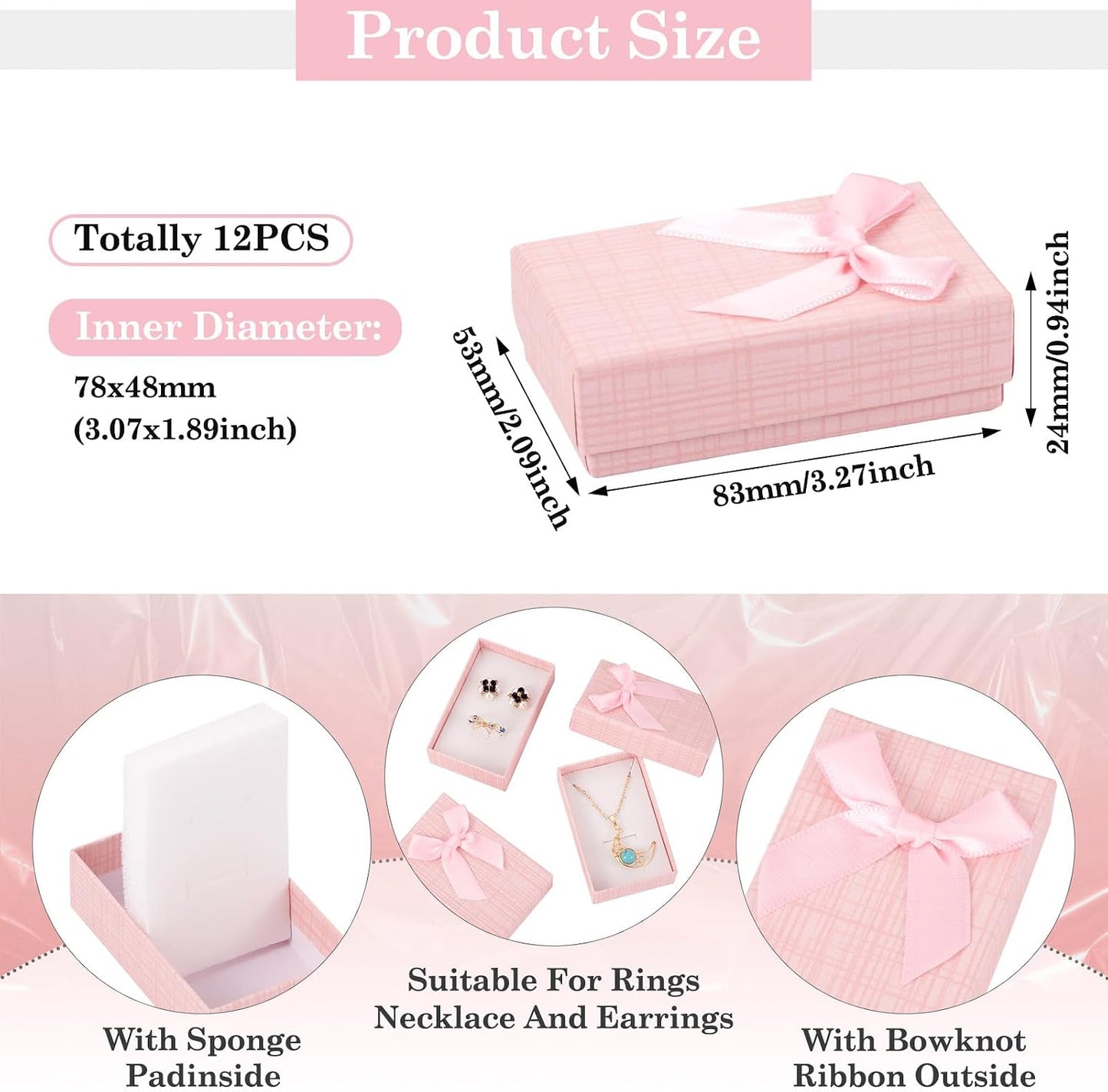 Craftdady 12 pcs Jewelry Gift Box Set Empty Packaging Cases with Bowknot Rectangle Cardboard Paper Jewelry Boxes with Lid for Necklaces Rings Earrings Pendants Displaying (Pink)