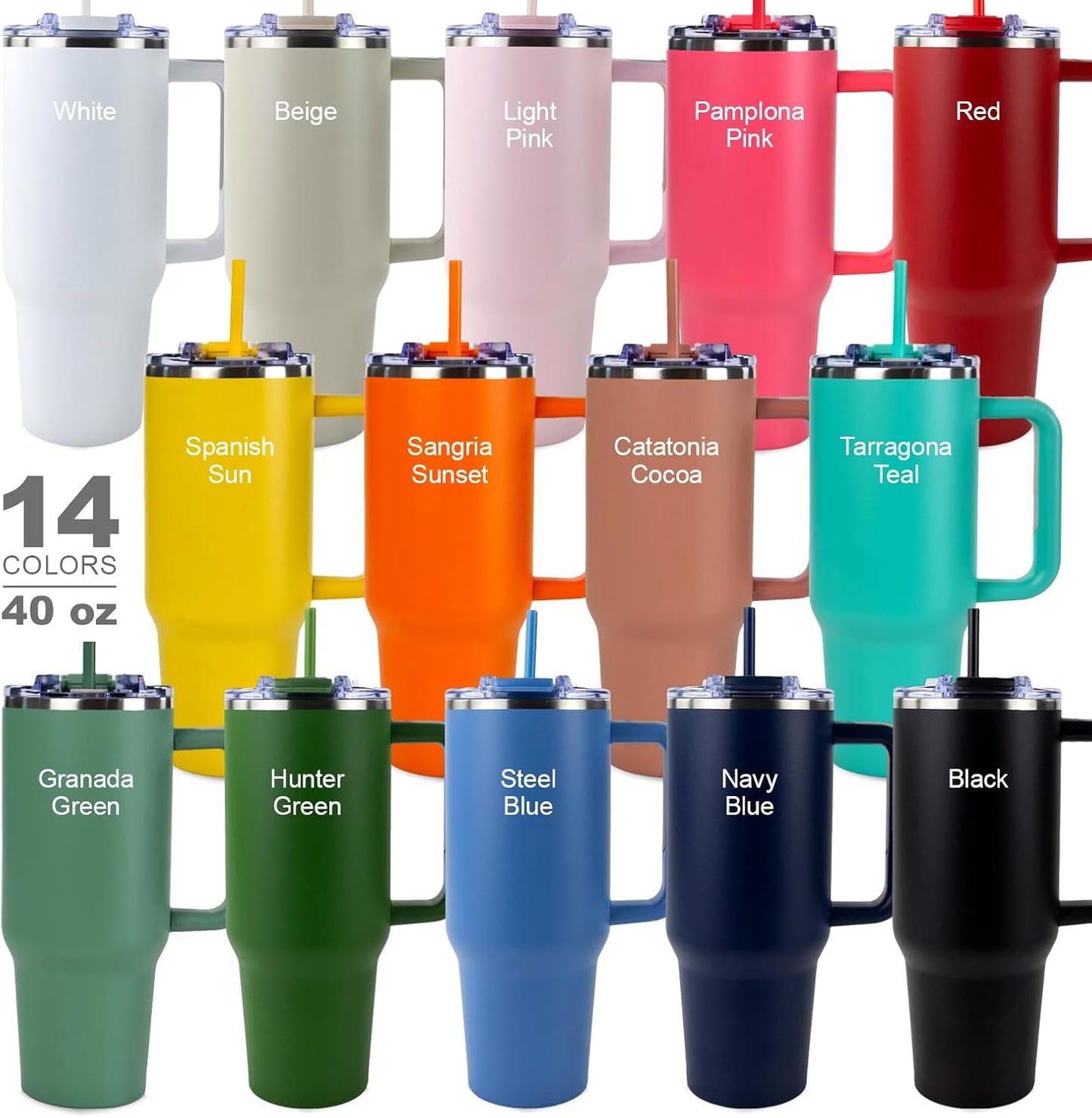 Personalized 40 oz Engraved Tumbler, With Handle, 2 Straws, Brush and Pad, Custom Stainless Steel Insulated Travel Cup, Double-Wall, Keeps Drinks Hot & Cold, Gift for Him, Her, Teen. (Light Pink)