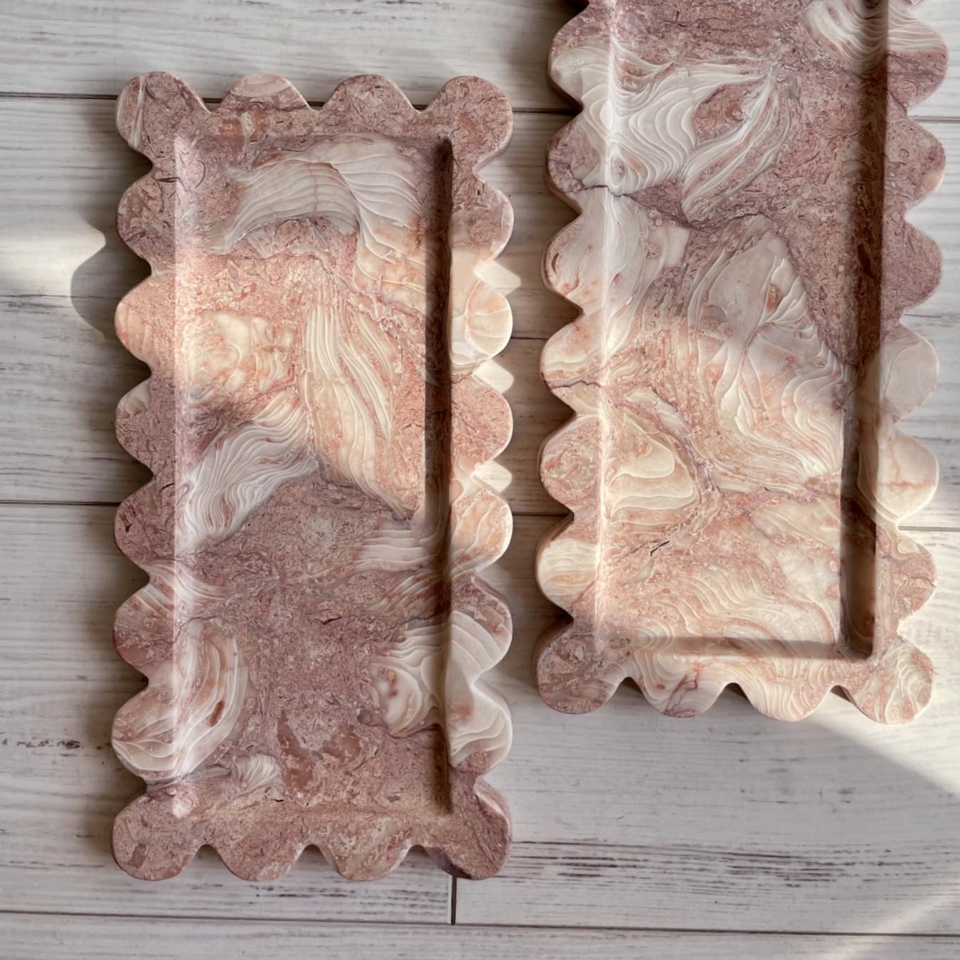Natural Luxury Marble Vanity Tray Rectangle with Ruffles Serving Marble Storage for Bathroom, Kitchen, Plate Holder for Skincare Product, Perfume, and Food Home Décor (Shell Pink)