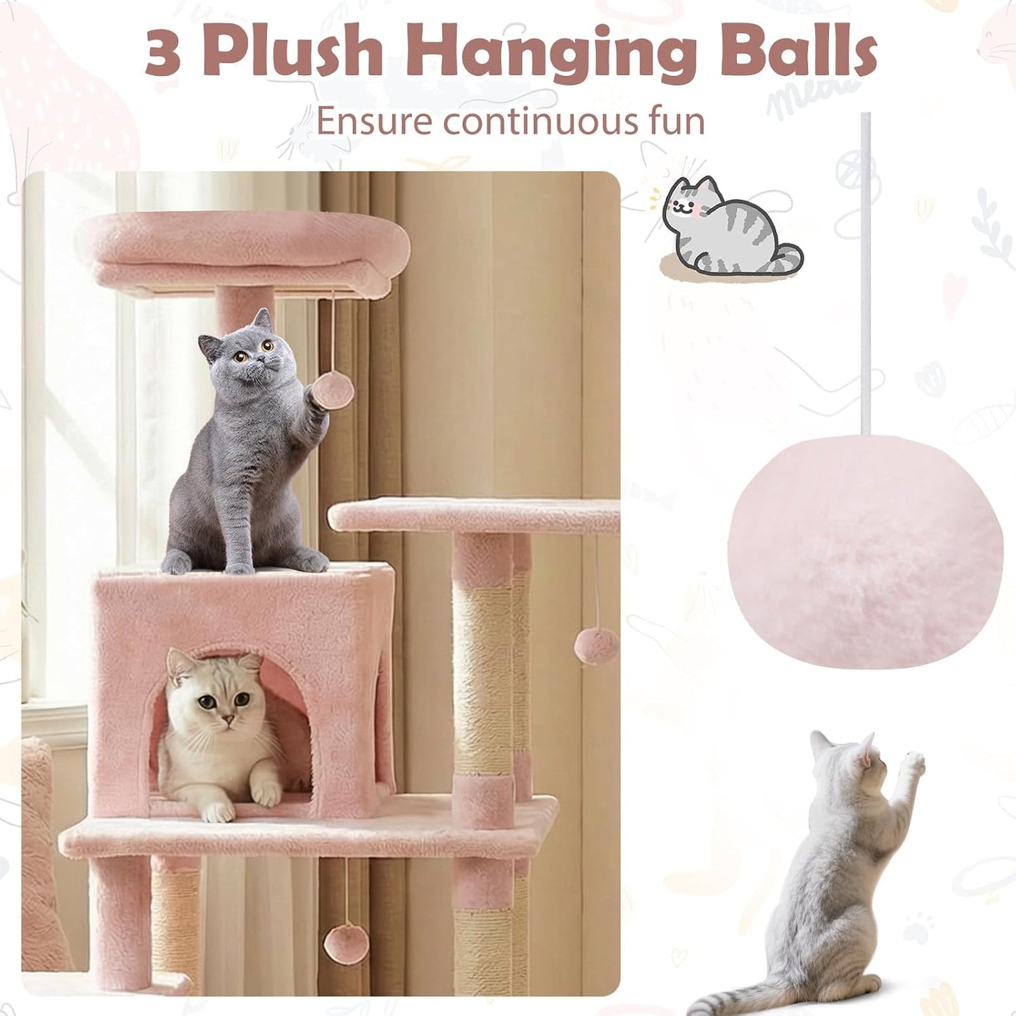 Tangkula 58 Inch Pink Cat Tree, Multi-Level Cat Tower with Sisal Scratching Posts, Padded Top Perch, Condo & Hammock, 3 Hanging Balls, Jumping Platforms for Indoor Cats (Pink)