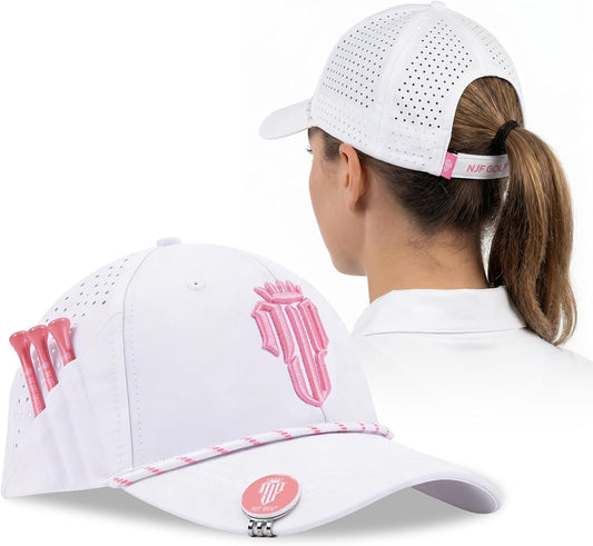 NJF Golf Hat for Women with Tee Holder & Magnetic Ball Marker | Adjustable High Ponytail Friendly Hat | UPF 50+ UV Sun Protection | Lightweight and Breathable Sports Cap