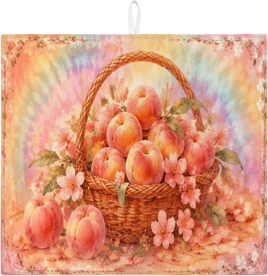 Peach Basket Dish Drying Mats for Kitchen Counter, Vintage Floral Absorbent Dish Drainer Rack Mat, Spring Blossom Microfiber Drying Pad for Kitchen Counter Home Decor 16x18 Inch